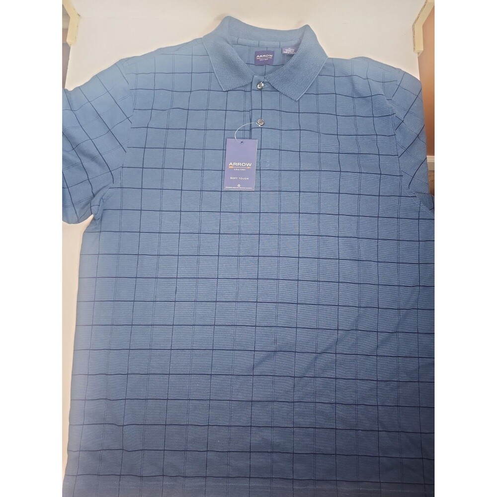 Arrow Polo Shirt Mens Medium Blue Checker Grid NWT Casual Shirt